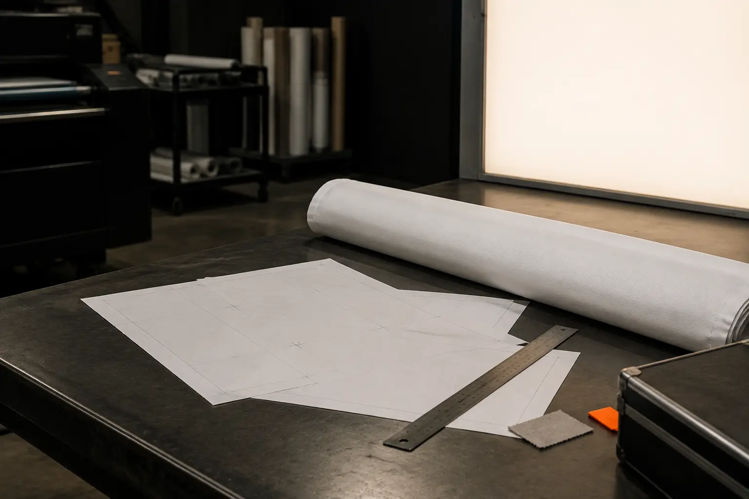 Artwork templates and a roll of backlit fabric on a workshop bench