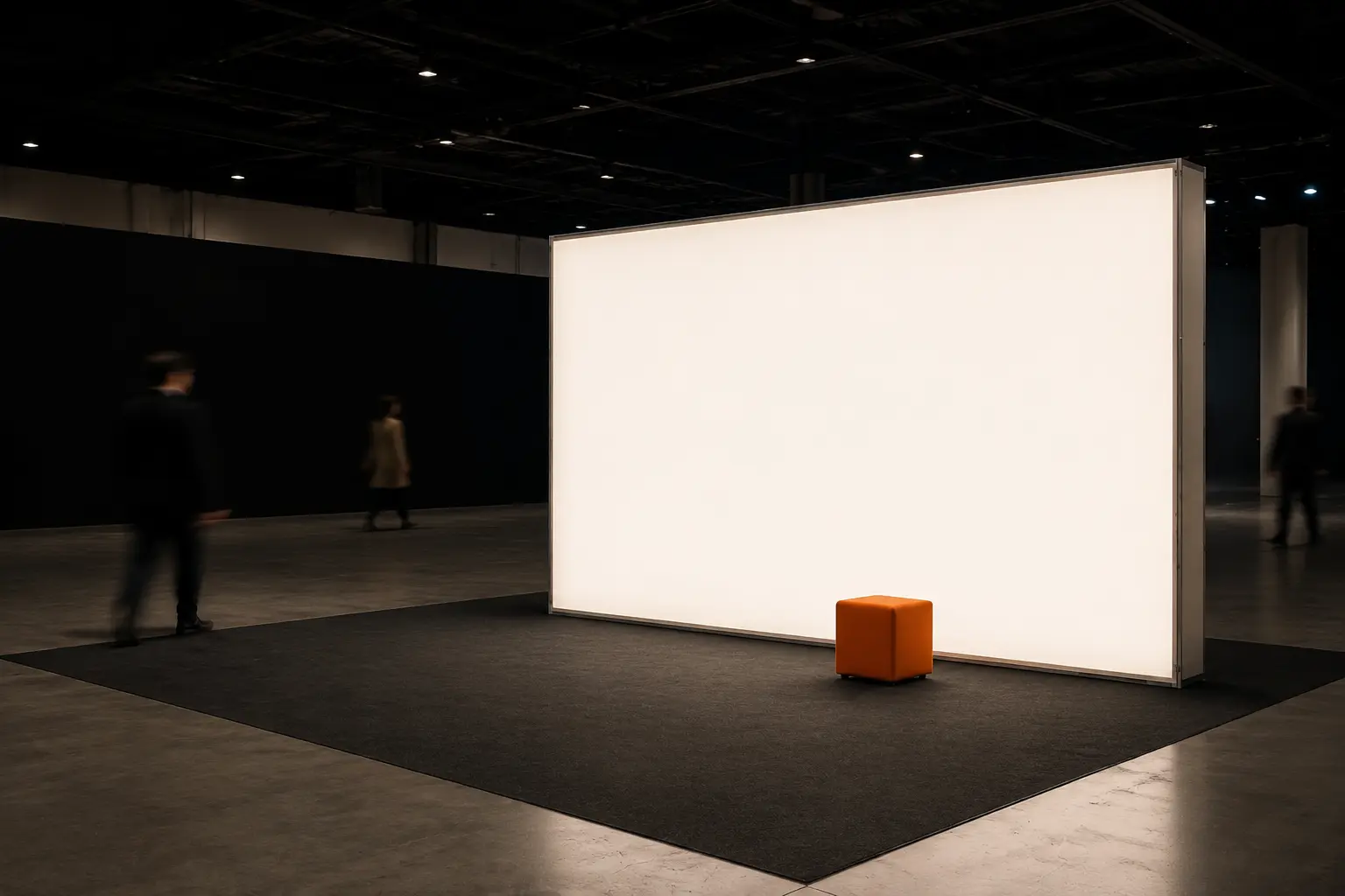 A single illuminated back wall on a carpeted stand
