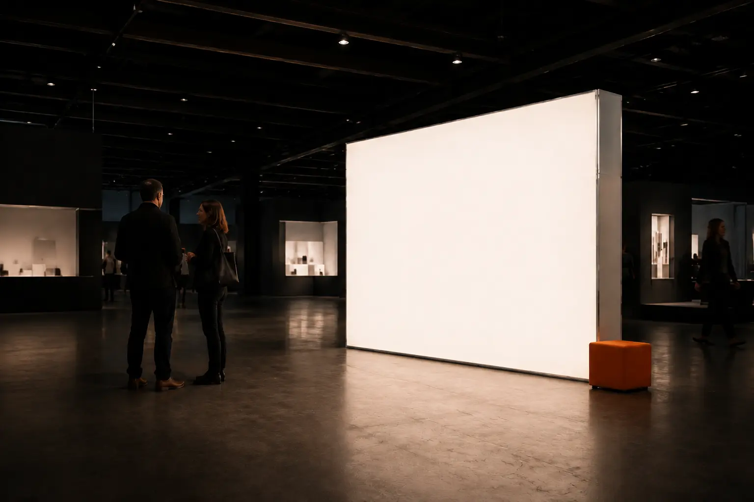 Two visitors beside an illuminated wall, showing its scale